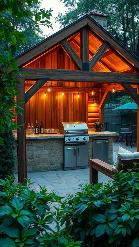 Stylish outdoor grill house with wooden structure, built-in grill, and cozy seating under string lights.